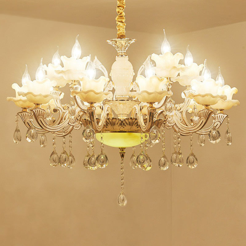 Classic White Faux Candle Chandelier For Living Room With Frosted Glass Pendant And Crystal Décor