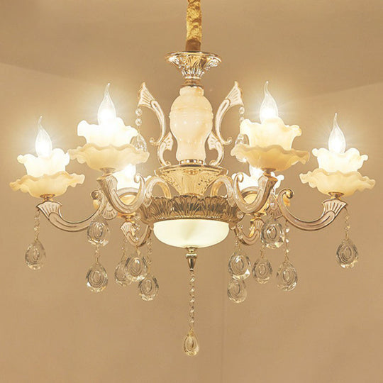 Classic White Faux Candle Chandelier For Living Room With Frosted Glass Pendant And Crystal Décor