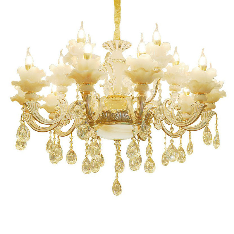 Classic White Faux Candle Chandelier For Living Room With Frosted Glass Pendant And Crystal Décor