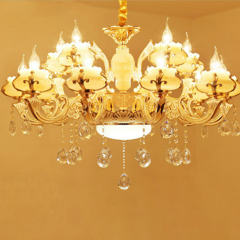 Classic White Faux Candle Chandelier For Living Room With Frosted Glass Pendant And Crystal Décor