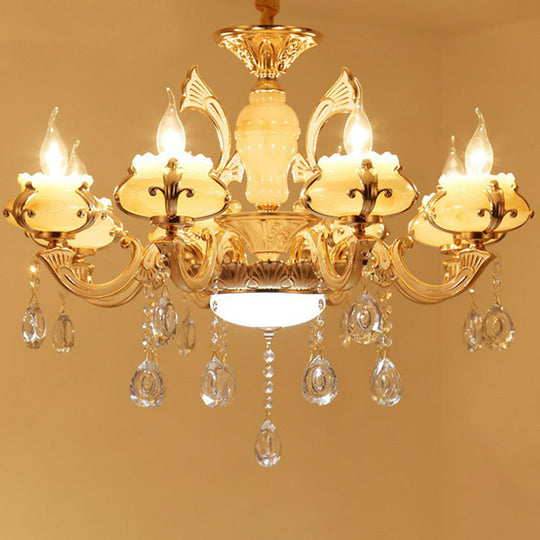 Classic White Faux Candle Chandelier For Living Room With Frosted Glass Pendant And Crystal Décor