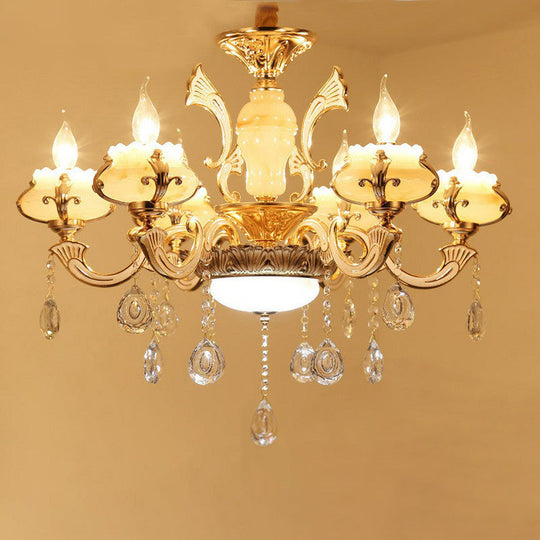 Classic White Faux Candle Chandelier For Living Room With Frosted Glass Pendant And Crystal Décor