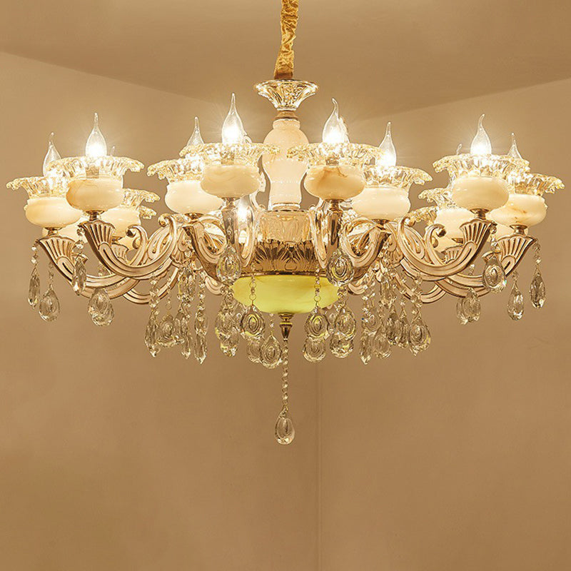 Classic White Faux Candle Chandelier For Living Room With Frosted Glass Pendant And Crystal Décor