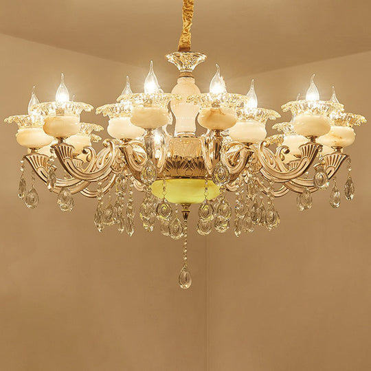 Classic White Faux Candle Chandelier For Living Room With Frosted Glass Pendant And Crystal Décor