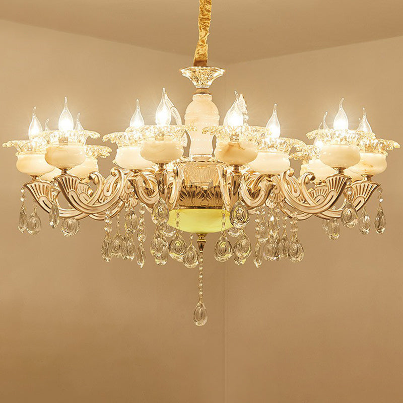 Classic White Faux Candle Chandelier For Living Room With Frosted Glass Pendant And Crystal Décor