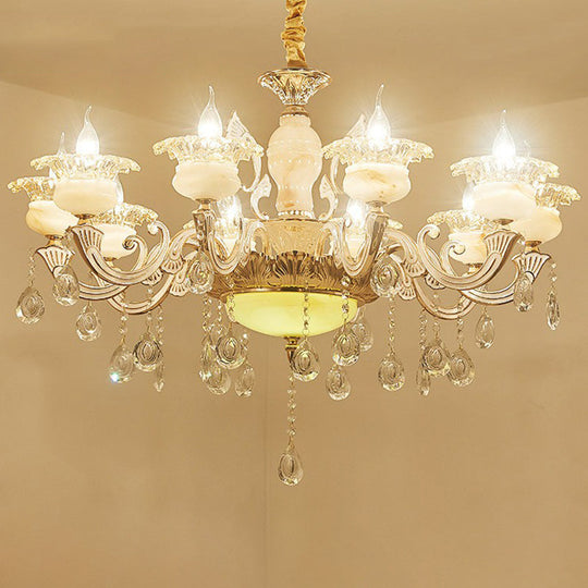 Classic White Faux Candle Chandelier For Living Room With Frosted Glass Pendant And Crystal Décor