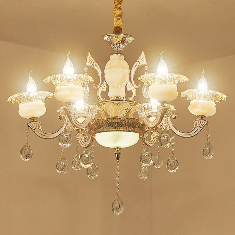 Classic White Faux Candle Chandelier For Living Room With Frosted Glass Pendant And Crystal Décor