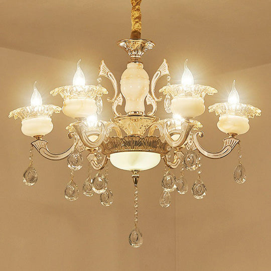 Classic White Faux Candle Chandelier For Living Room With Frosted Glass Pendant And Crystal Décor