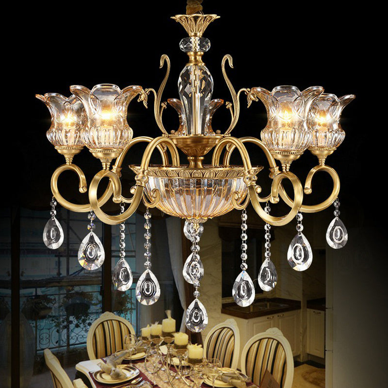 Retro Crystal Glass Brass Chandelier - Decorative Living Room Hanging Lamp