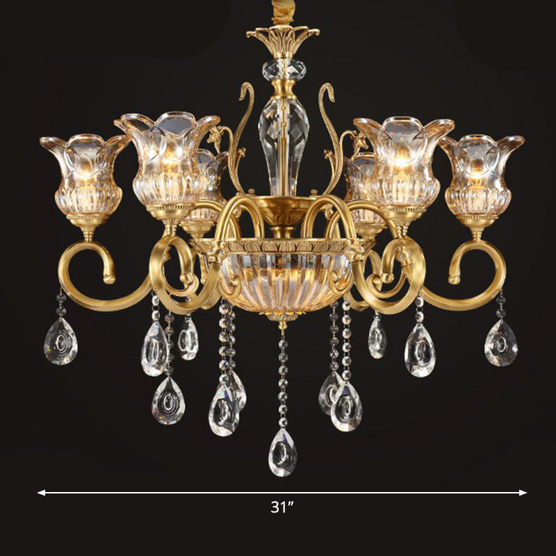 Retro Crystal Glass Brass Chandelier - Decorative Living Room Hanging Lamp