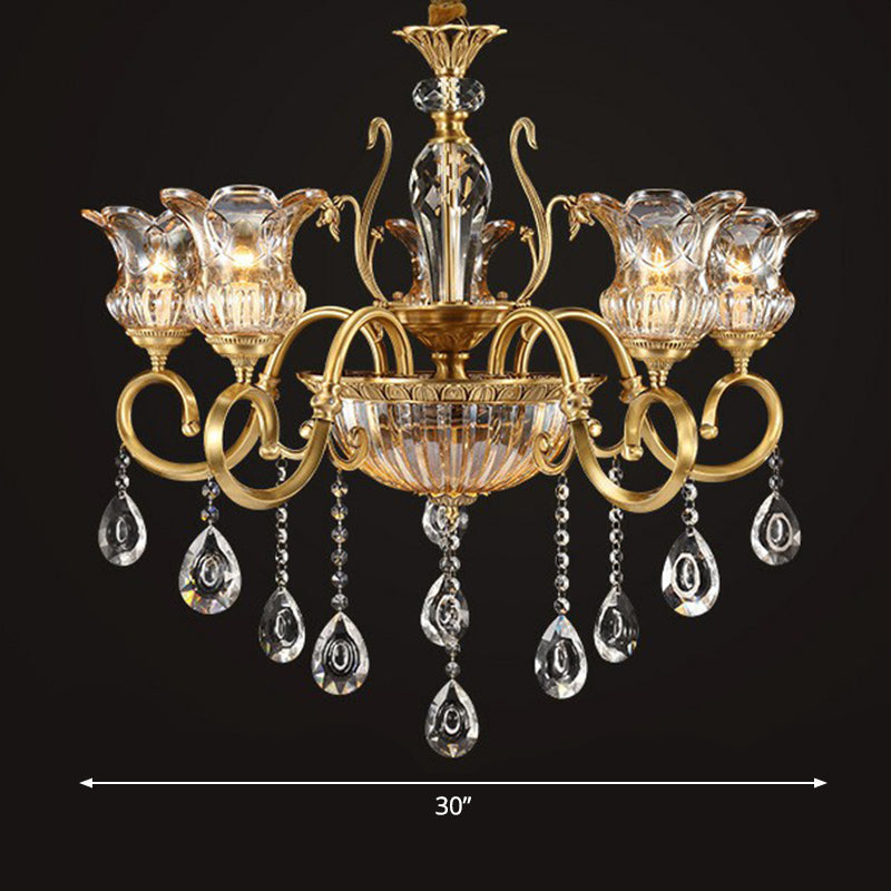 Retro Crystal Glass Brass Chandelier - Decorative Living Room Hanging Lamp 5 / Clear Morning Glory