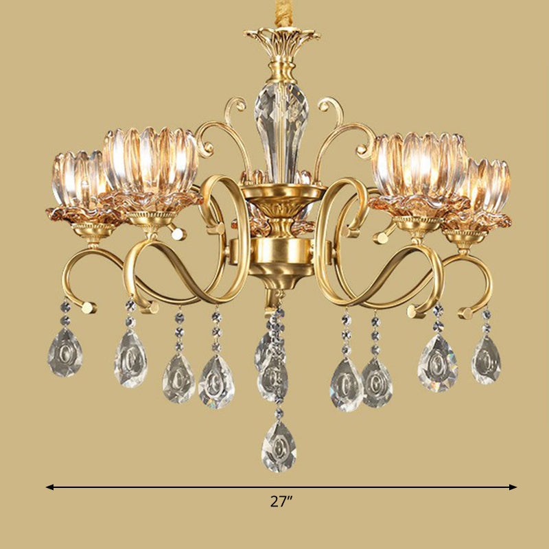 Retro Crystal Glass Brass Chandelier - Decorative Living Room Hanging Lamp