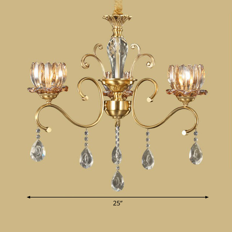 Retro Crystal Glass Brass Chandelier - Decorative Living Room Hanging Lamp