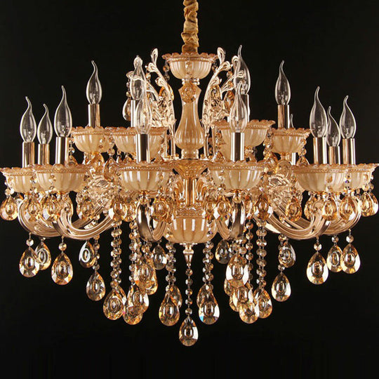 Gold Amber Glass Candle Chandelier With Crystal Decor - Traditional Living Room Suspension Light