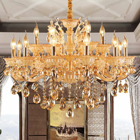 Gold Amber Glass Candle Chandelier With Crystal Decor - Traditional Living Room Suspension Light