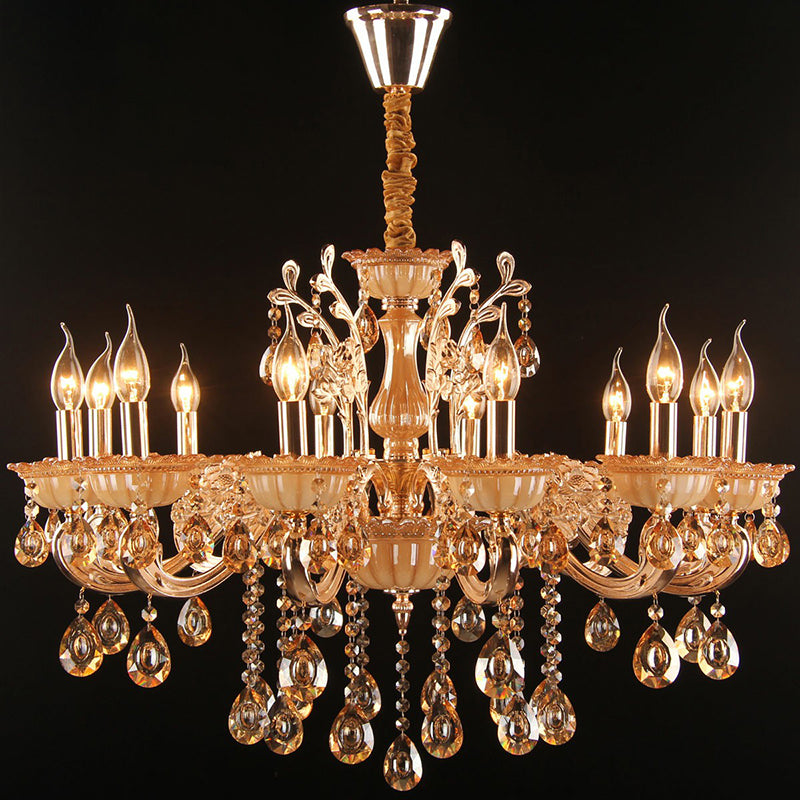 Gold Amber Glass Candle Chandelier With Crystal Decor - Traditional Living Room Suspension Light 12