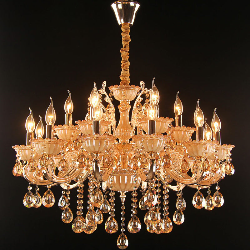 Gold Amber Glass Candle Chandelier With Crystal Decor - Traditional Living Room Suspension Light 18