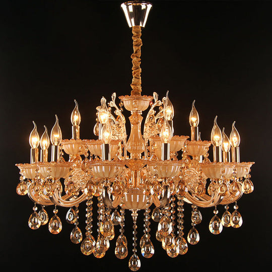 Gold Amber Glass Candle Chandelier With Crystal Decor - Traditional Living Room Suspension Light 15