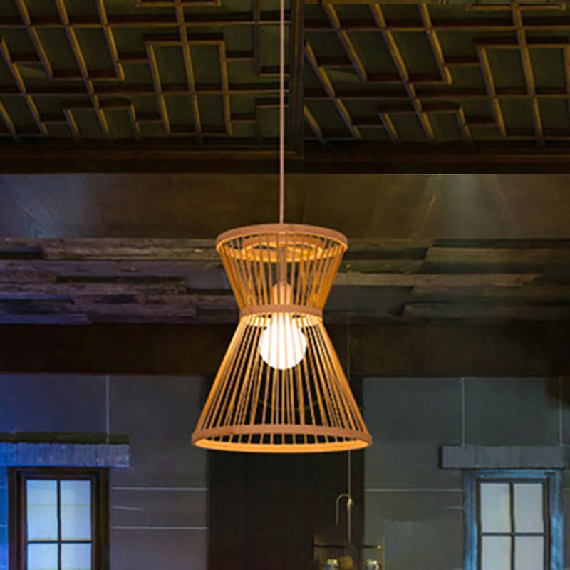 Asian Style Bamboo Pendant Lamp: Hourglass Shape Beige Suspension Light For Foyer