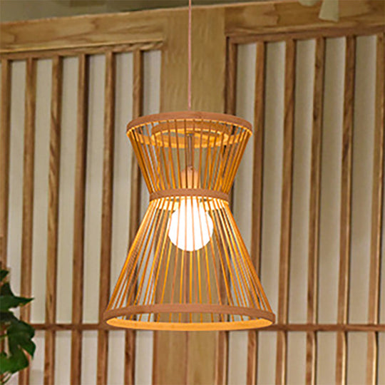 Asian Style Hourglass Pendant Lamp - Bamboo, 1 Bulb, Beige Suspension Light for Foyer