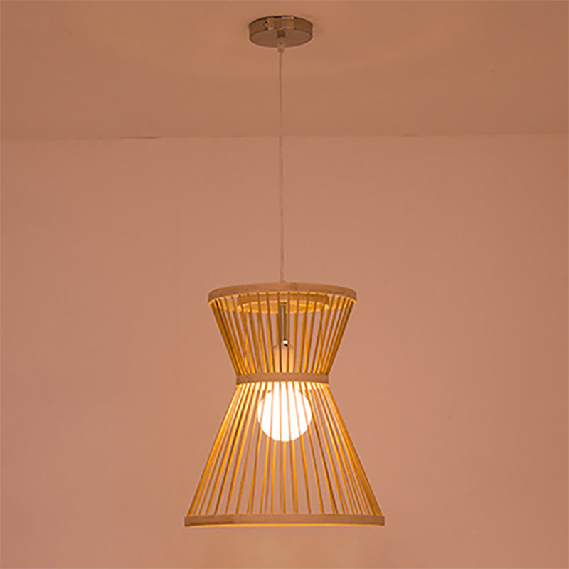 Asian Style Hourglass Pendant Lamp - Bamboo, 1 Bulb, Beige Suspension Light for Foyer