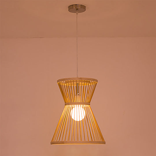 Asian Style Bamboo Pendant Lamp: Hourglass Shape Beige Suspension Light For Foyer