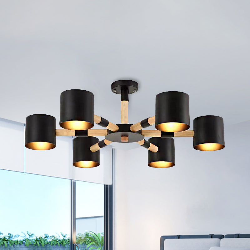 Nordic Chandelier: Metal & Wood Cylinder Shade Hotel Hanging Light With 6 Heads