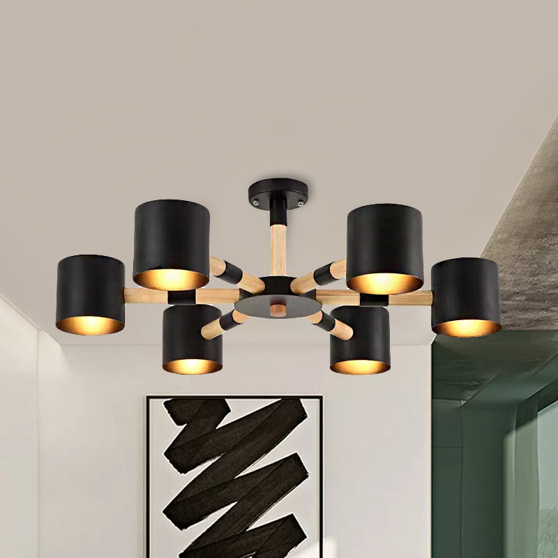 Nordic Chandelier: Metal & Wood Cylinder Shade Hotel Hanging Light With 6 Heads