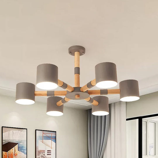 Nordic Chandelier: Metal & Wood Cylinder Shade Hotel Hanging Light With 6 Heads