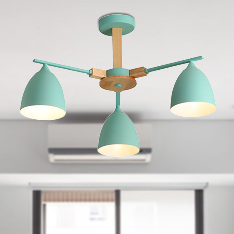 Modern Metal Dome Hanging Chandelier With Wood Arm - 3/6 Lights Green/Grey/White