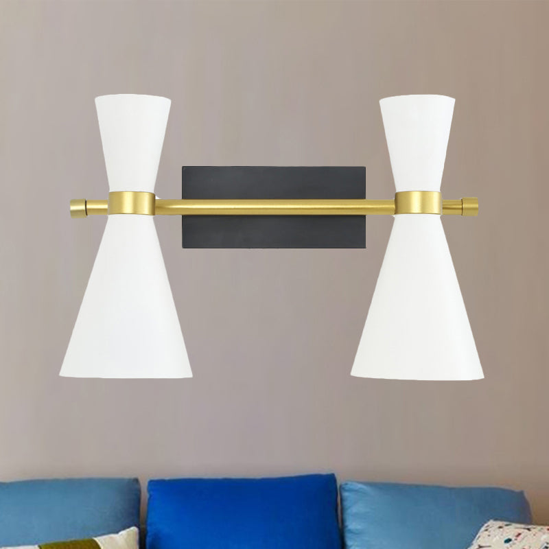 Contemporary Trumpet Wall Sconce Light In Black/White/Gold With Adjustable Arm And 1-3 Lights