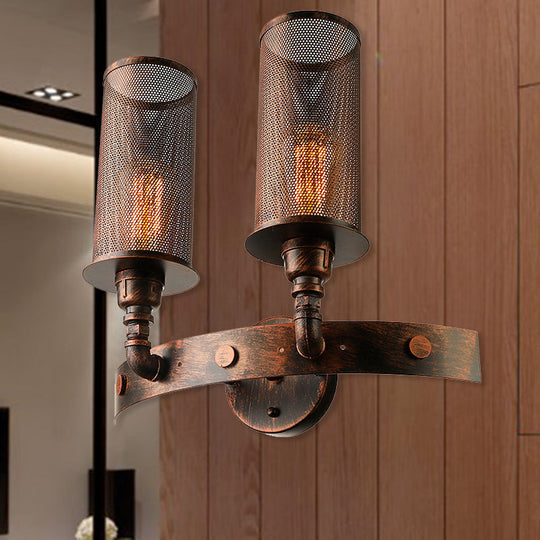 Vintage Double Cylinder Wall Light With Mesh Shade In Weathered Copper - Wrought Iron Mount Lamp 2