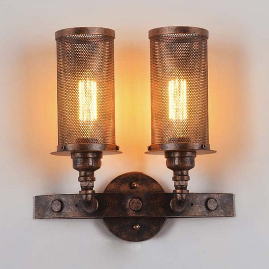 Vintage Double Cylinder Wall Light With Mesh Shade In Weathered Copper - Wrought Iron Mount Lamp 2