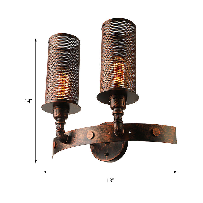 Vintage Double Cylinder Wall Light With Mesh Shade In Weathered Copper - Wrought Iron Mount Lamp 2