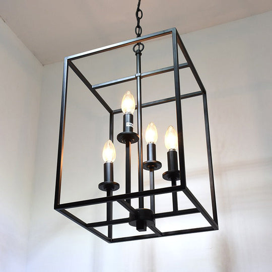 Industrial Metallic 4-Head Black Cage Dining Room Chandelier