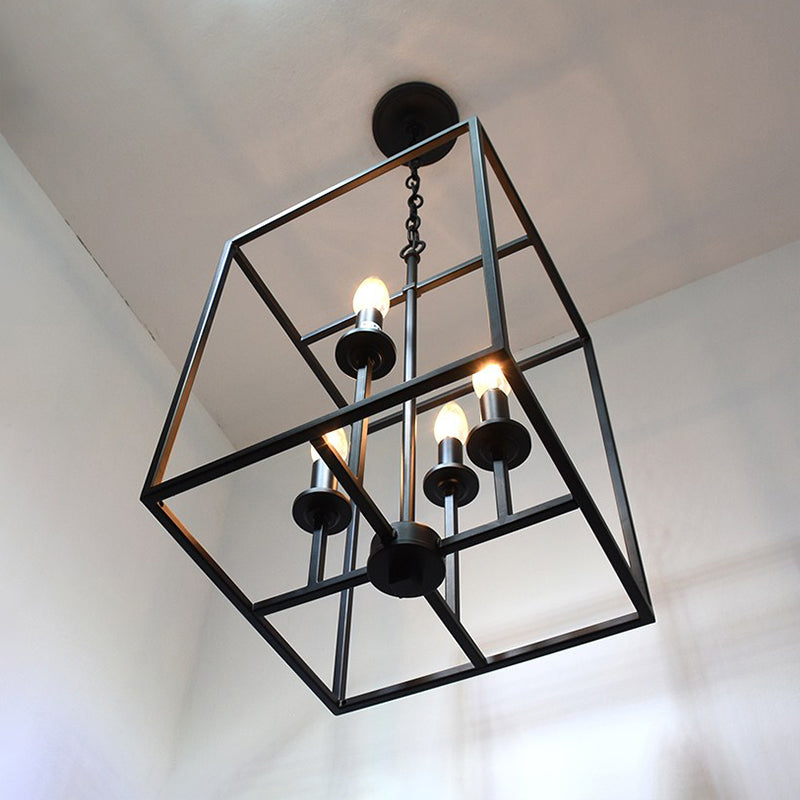 Industrial Metallic 4-Head Black Cage Dining Room Chandelier