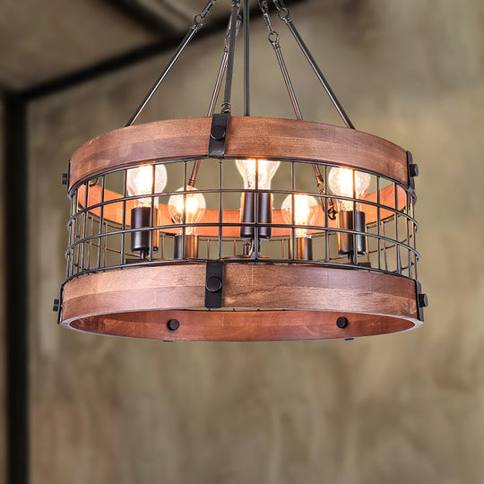 Rustic Metal And Wood Drum Pendant Light With Mesh Screen - Lodge Style Farmhouse Lamp In Brown