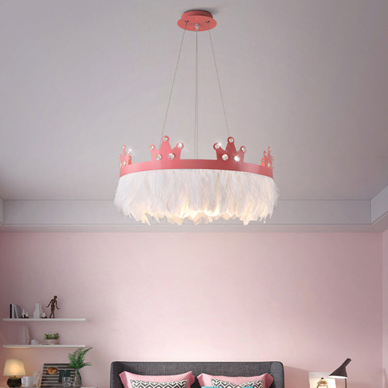 Crown Girls Room Chandelier Feather Light - Nordic Style Hanging Kit Pink / 22