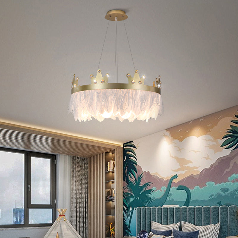 Nordic Style Feather Chandelier: Crown Shaped 2-Light Kit for Girls' Room