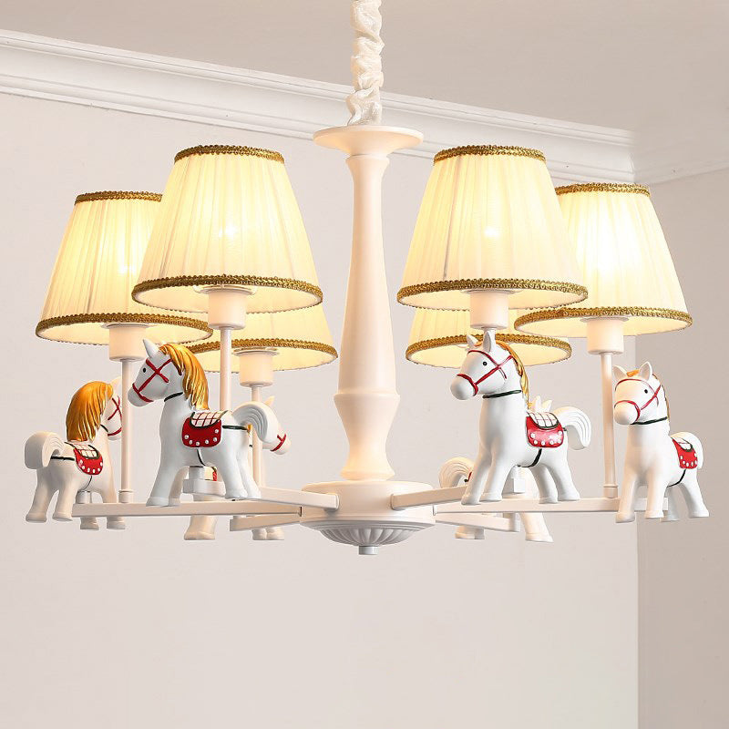 White Resin Carousel Cartoon Chandelier With Tapered Fabric Shade - Perfect For Childs Room!