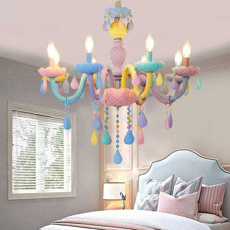 Pink Candle Style Hanging Light Kids Multicolored Glass Chandelier - Perfect For Baby Room