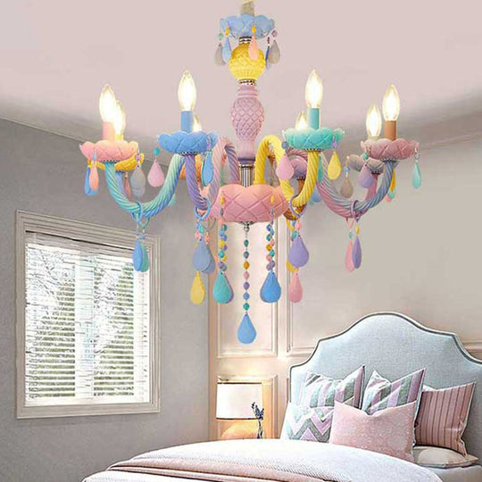 Pink Candle Style Hanging Light Kids Multicolored Glass Chandelier - Perfect For Baby Room