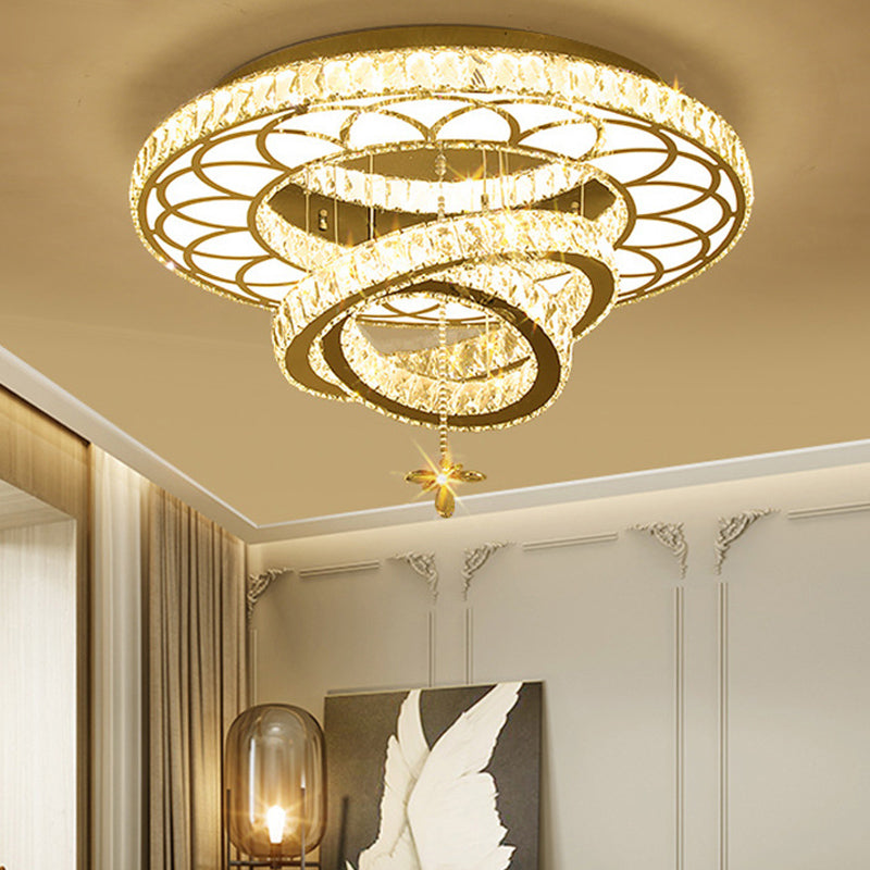 Contemporary Crystal LED Silver Rings Flush Mount Ceiling Light - Ideal for Bedroom