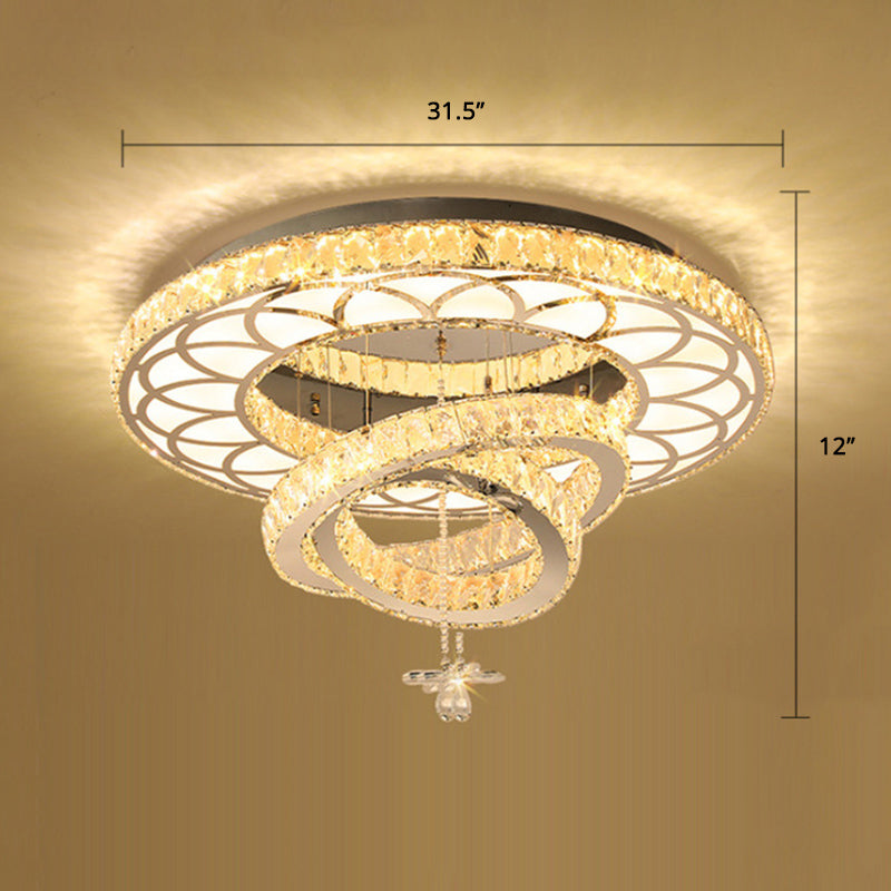 Contemporary Crystal LED Silver Rings Flush Mount Ceiling Light - Ideal for Bedroom