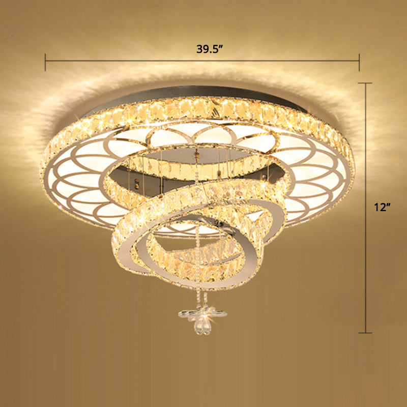 Contemporary Crystal LED Silver Rings Flush Mount Ceiling Light - Ideal for Bedroom