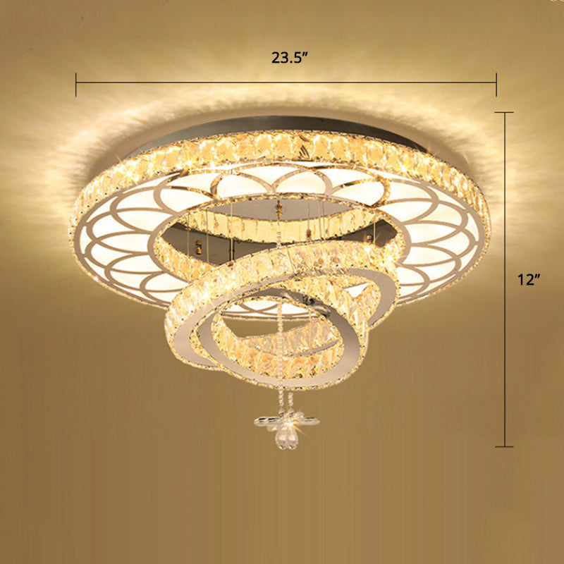 Contemporary Crystal LED Silver Rings Flush Mount Ceiling Light - Ideal for Bedroom