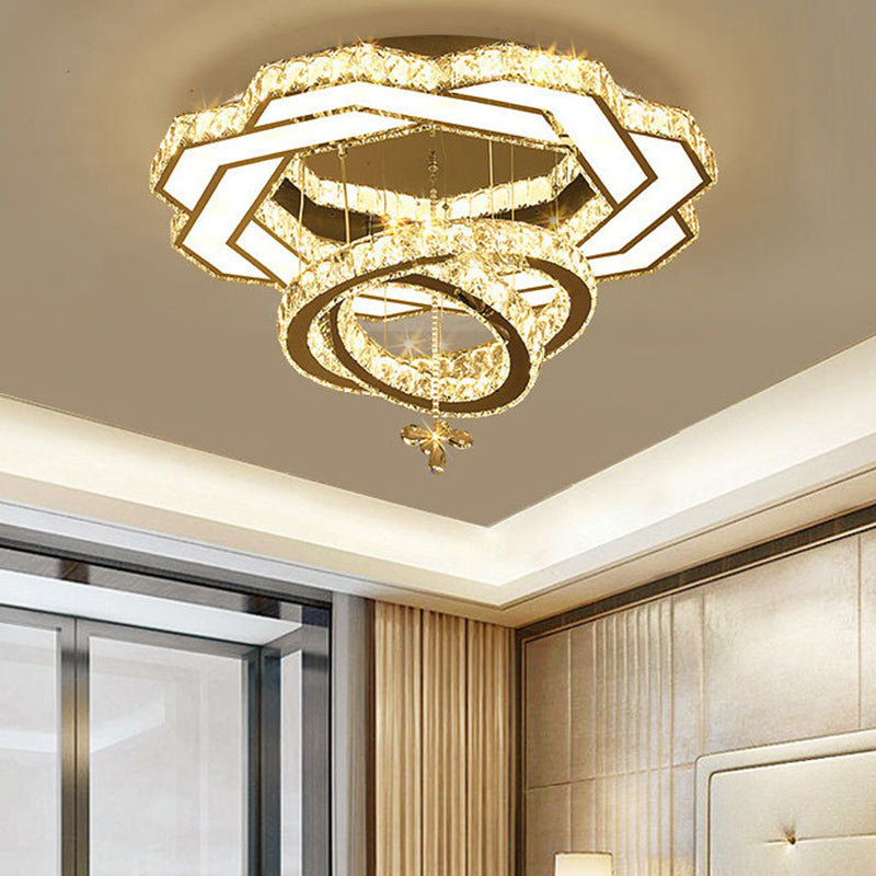 Contemporary Crystal LED Silver Rings Flush Mount Ceiling Light - Ideal for Bedroom