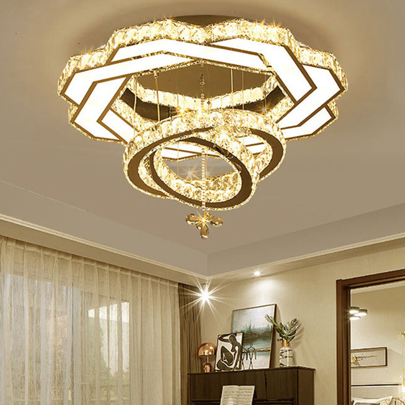 Contemporary Crystal LED Silver Rings Flush Mount Ceiling Light - Ideal for Bedroom