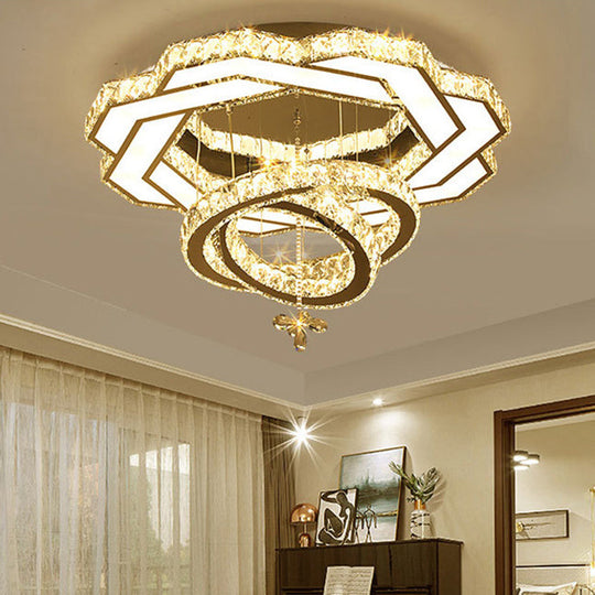 Contemporary Crystal Led Silver Rings Flush Mount Ceiling Light - Ideal For Bedroom