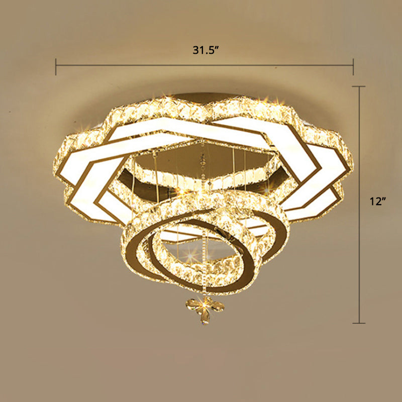 Contemporary Crystal LED Silver Rings Flush Mount Ceiling Light - Ideal for Bedroom